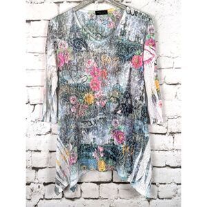 KATINA MARIE Rhinestone Sublimation Top Paris Floral Fairy USA-Made Y2K Size XL